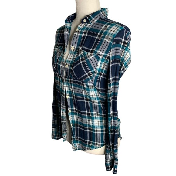 Aeropostale Lightweight Button Up Flannel Shirt S Blue Green Plaid Pockets - Picture 3 of 6